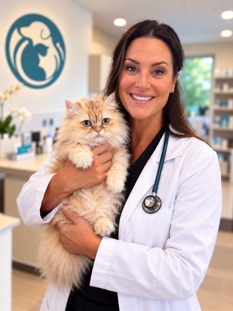 Dr. Liza Lackner holding a fluffy Persian cat