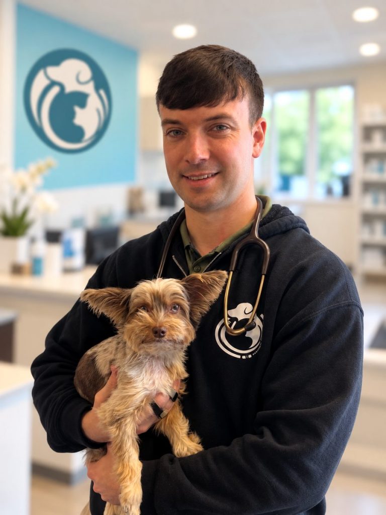Dr. William McAleese holding a small dog