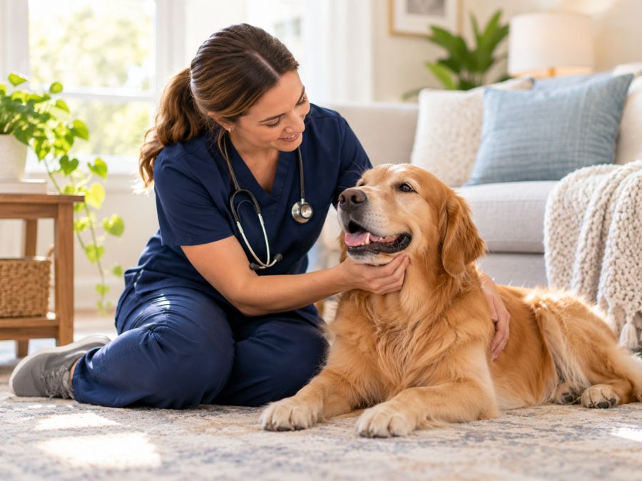 Veterinarian visiting a golden retriever at home