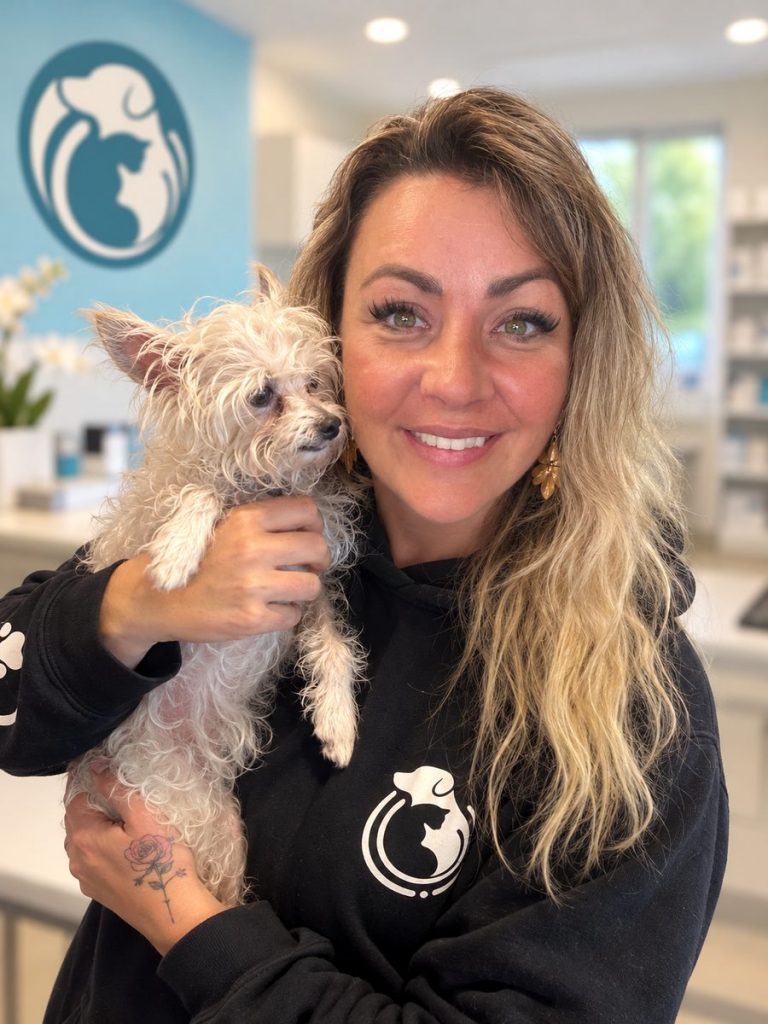 Kristin holding a fluffy white dog