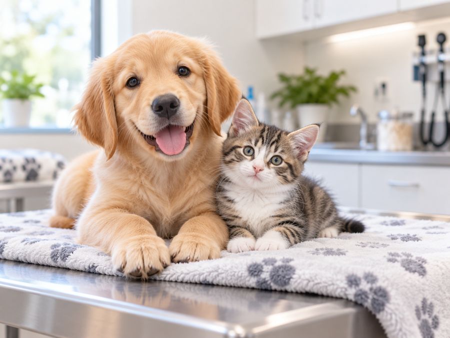 Golden retriever puppy and tabby kitten on an exam table