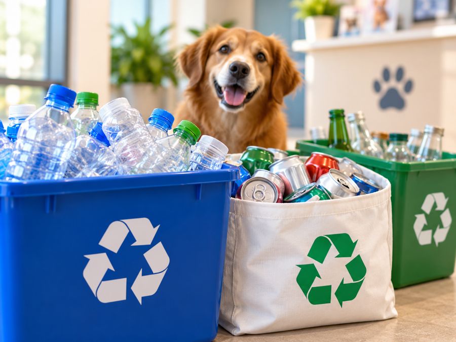 Dog beside bins of bottles and cans for Return-It