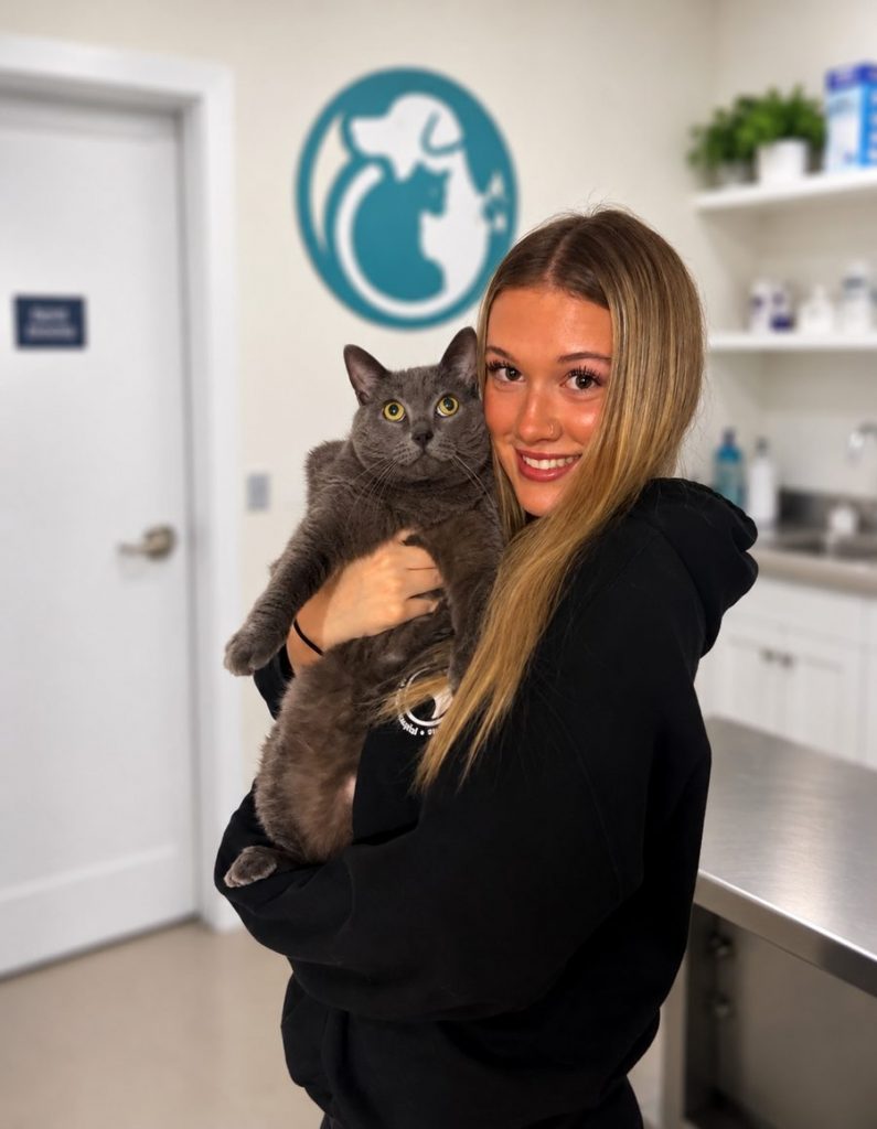 Sydney holding a grey cat